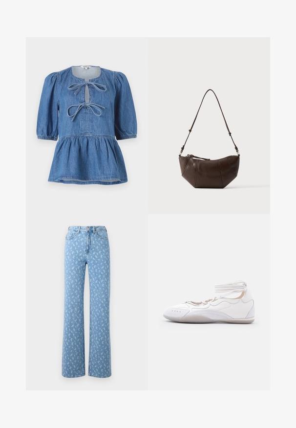 Top de mezclilla con mangas cortas abullonadas, escote redondo con abertura en forma de gota asegurada con dos lazos y dobladillo acampanado.; Jeans de pierna ancha en denim de color azul claro, con un patrón floral en un tono más claro. Diseño de talle alto con construcción estándar de bolsillos.; Zapato plano blanco con correas en el tobillo, punta redondeada y detalles cosidos, diseñado para uso casual o deporte ligero.; Bolso de hombro de cuero marrón con fondo curvado y correa ajustable sobre un fondo claro y liso.