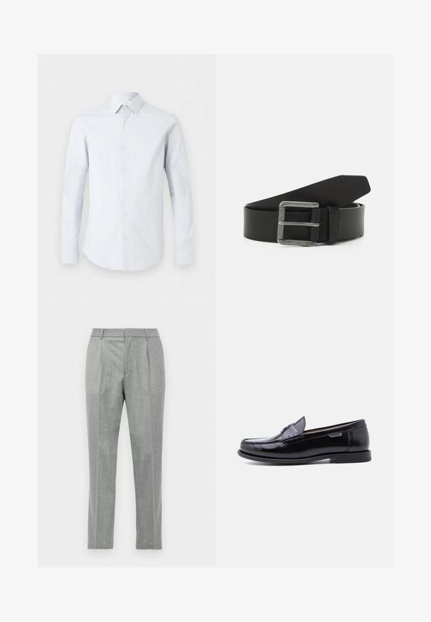 Chemise homme bleu clair à manches longues boutonnée avec col pointu et motif texturé subtil sur fond blanc.; Pantalons de costume gris clair avec plis avant, passants de ceinture et coupe droite sur fond blanc.; Mocassins en cuir noir avec une finition brillante, présentant un motif cousu sur l'avant-pied et une semelle en caoutchouc noire texturée et basse.; Ceinture en cuir noir avec une boucle en métal argenté rectangulaire. Elle présente une texture lisse et un design simple, avec une extrémité pointue.