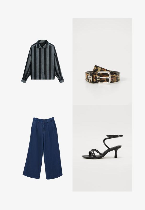 Chemise à manches longues boutonnée avec des rayures verticales noires, grises et bleues, un col pointu et des poignets boutonnés.; Pantalons en denim à jambes larges de couleur bleu foncé. Comprend deux poches avant, une fermeture à bouton et une texture lisse en tissu léger.; Even&Odd Wide Fit Sandales - black; Ceinture en cuir imprimé léopard avec une boucle en métal argenté, une finition lisse et un design robuste. Détail du logo visible sur la sangle.