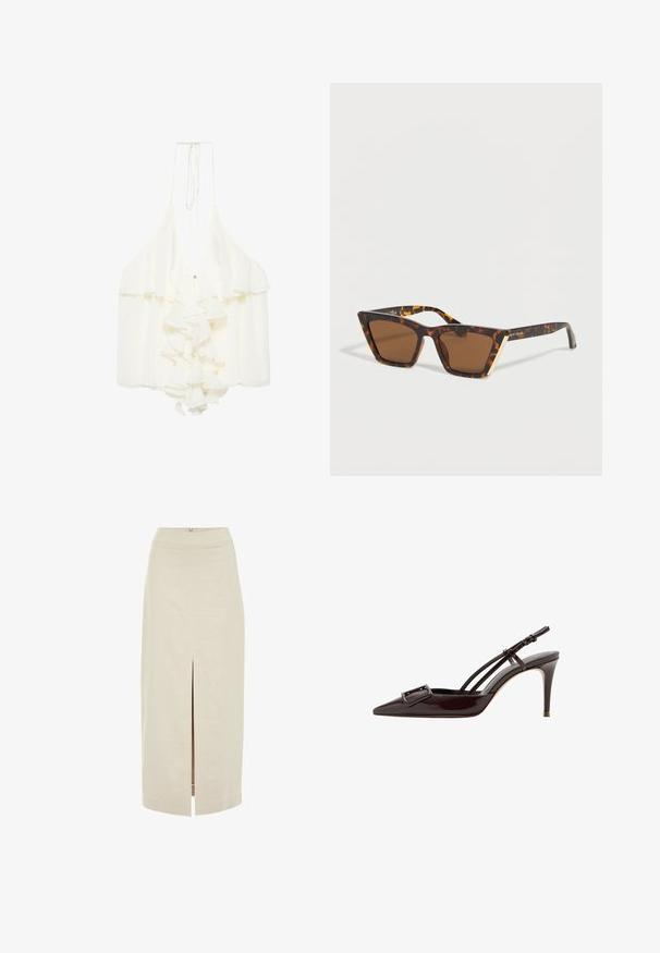 Top blanc sans manches, col américain, profond décolleté en V, détail à volants sur le devant et fermeture à nouer au cou.; Jupe midi beige clair avec une coupe droite et une fente centrale à l'avant. Fabriquée dans un tissu lisse avec une fermeture éclair dissimulée à l'arrière.; Escarpins slingback noirs en cuir verni à bout pointu avec une boucle décorative et des fines brides de cheville.; Lunettes de soleil forme œil de chat avec motif écaille de tortue, verres marron, monture angulaire et accents dorés sur fond blanc.