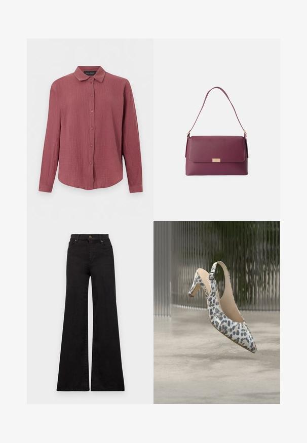 Skjorte med lange ærmer med knapper, i tekstureret støvet rosa stof med klassisk krave og tætsiddende manchetter, mærke Anna Field.; Sorte flared jeans lavet af denim med høj talje, med forlommer og metaldele på knappen og nitterne.; Højhælet sko med leopardmønster, slingback, spids tå og ankelrem, svævende over en marmorgulv med en tekstureret baggrund.; Mørk burgundy håndtaske med en tekstureret overflade, featuring en flad klap, guldhardware og en enkelt skulderrem.