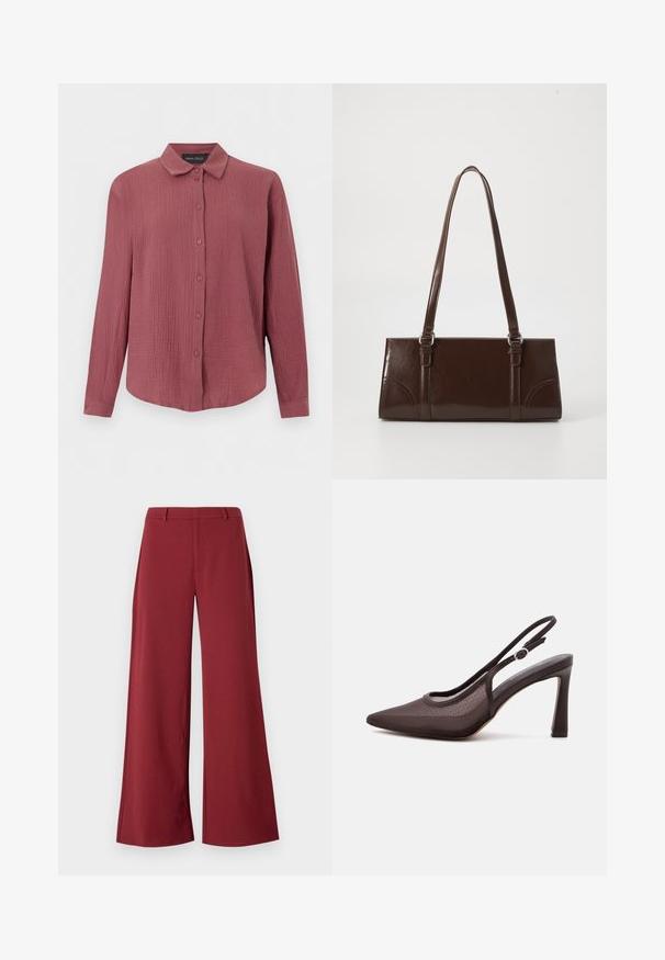 Blouse met lange mouwen en knopen, in gestructureerde stof in stoffige roos kleur, met klassieke kraag en aansluitende manchetten, merk Anna Field.; Wijdvallende broek in een diepe bordeauxkleur. Gemaakt van een soepele, rekbare stof met op maat gemaakte naden en een rits aan de voorkant.; Zwarte high-heel slingback schoen met spitse neus en verstelbare gespsluiting op een witte achtergrond.; Bruine lakleren handtas met een rechthoekige vorm, twee lange handvatten en subtiele gebogen accenten aan de voorkant.