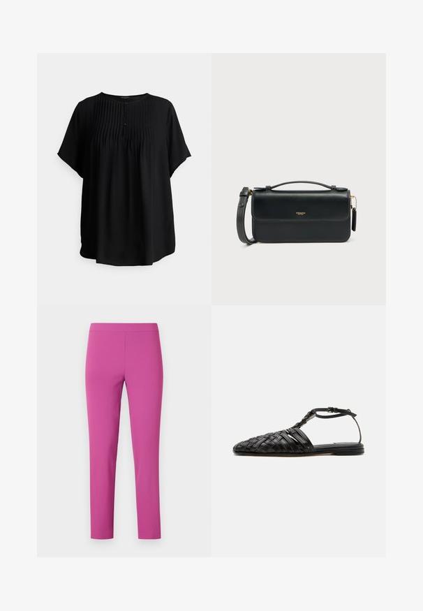 Sort T-shirt i let stof med pleater foran, en rund halsudskæring og tre sorte knapper til lukning.; Fittede, højtaljede bukser i livlig pink, lavet af glat, strækbart stof. Ankel-længde snit uden synlige lommer eller lukninger.; Sort flad lædersandal med vævet lukket tå, ankelrem og spænde, vist på hvid baggrund.; Sort læder crossbody taske med klaplukning, gulddetaljer og en aftagelig skulderrem. Har synlige syningsaccents.