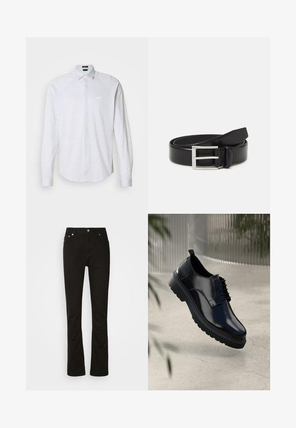 Langærmet skjorte i hvid med et blåt rutenet mønster. Har en klassisk krave og en brystlomme. Glat stof med en struktureret pasform.; Sorte denimjeans med lige ben-design, der har frontlommer, lynlåsgylpter og sølvfarvede hardware-detaljer. Glat tekstur, ingen mønstre.; Sorte lædersko med en blank overflade, rund tå, snøredesign, kontrastsyninger og en tyk gummisål med mønster.; Sort læderbælte med en blank finish; har en sølvmetal spænde med et rektangulært rammedesign og glatte kanter.