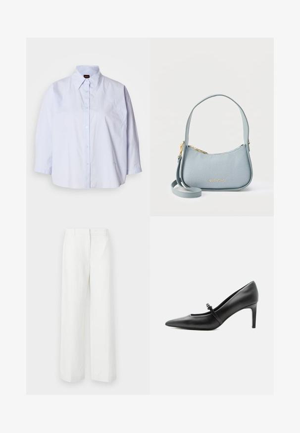 Chemise bleu clair à col avec un devant boutonné, manches raglan et un tissu lisse résistant aux plis. Présente une broderie discrète sur l'ourlet.; Pantalons blancs à jambes larges avec une texture lisse, présentant un devant plat et des plis marqués. Fabriqués en tissu léger, sans motifs visibles.; Escarpin noir en cuir à bout pointu avec une fine bride et une boucle sur le cou-de-pied, posé sur un fond clair neutre.; Sac à main Valentino bleu clair avec fermeture éclair dorée, logo doré, poignée courte et bandoulière longue amovible sur fond blanc.