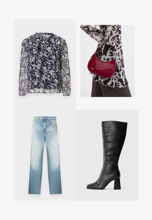 Marineblaue Bluse mit floralem Druck in Weiß, ausgestattet mit einem gefalteten Ausschnitt und langen Ärmeln, vor einem schlichten weißen Hintergrund.; Hellblaue Jeans aus Denim mit lockerem Schnitt, hohem Bund, fünf Taschen und dezentem Ausbleichen am unteren Teil der Beine.; Schwarzer kniehoher Stiefel aus glattem Leder mit quadratischer Schuhspitze und klobigem Blockabsatz. Einfaches Design ohne Verzierungen.; Frau trägt eine schwarz-weiß gemusterte Bluse und hält eine glänzende rote Schultertasche vor einem einfarbigen Hintergrund.