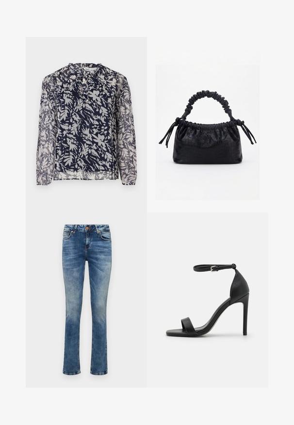 Marineblaue Bluse mit floralem Druck in Weiß, ausgestattet mit einem gefalteten Ausschnitt und langen Ärmeln, vor einem schlichten weißen Hintergrund.; Helle blaue Denim-Jeans mit geradem Bein, ausgestattet mit einem Frontknopfverschluss, fünf Taschen und dezenten Ausbleichungen.; Schwarze hochhackige Sandale mit elegantem Design, featuring einem Knöchelriemen, offener Zehenpartie und glattem Lederfinish.; Schwarze Handtasche mit Krokodilstruktur, gerafftem oberen Rand, zusammengezogenem Griff und Zugkordeln mit Quasten an jeder Seite vor weißem Hintergrund.