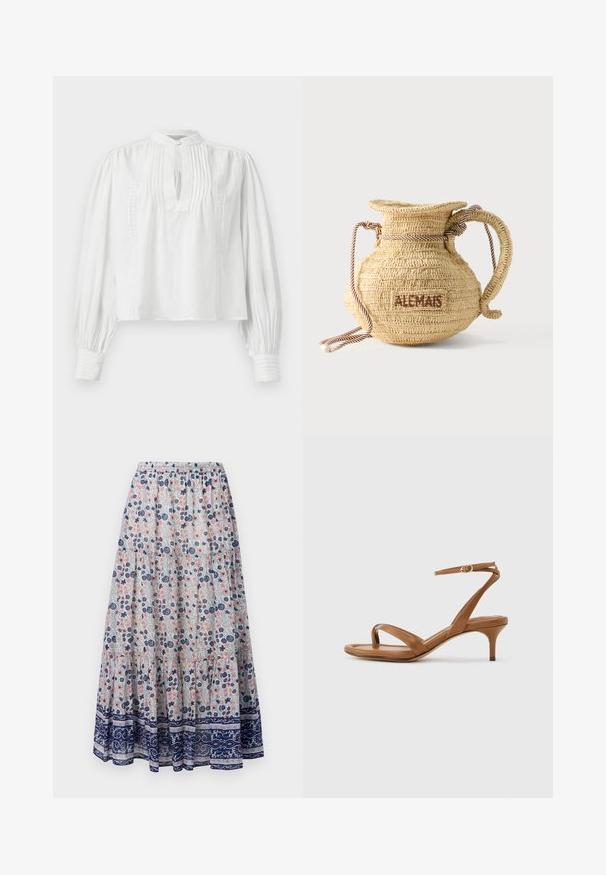 Witte blouse met lange mouwen, plooitjes en kanten details, opstaande kraag, sleutelgat in de halslijn en geplooide manchetten met kanten rand.; Florale maxi rok met een grijze achtergrond, versierd met roze en blauwe bloemen, gelaagd ontwerp en een marineblauwe patroonrand. Elastische tailleband.; Bruine leren sandaal met bandjes, een lage kittenhak en een enkelriempje met een kleine gesp, zijaanzicht tegen een effen achtergrond.; Ronde gevlochten strohandtas met een handvat van touw en "ALEMAIS" geborduurd aan de zijkant in bruine draad.