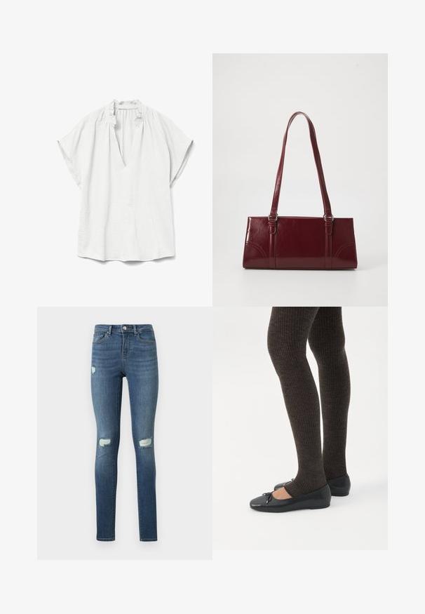 Blouse blanche à manches courtes avec un col à volant et une profonde fente en V, réalisée en tissu léger texturé.; Jean skinny bleu avec des détails délavés et des déchirures usées sur les cuisses et les genoux, doté de poches avant et d'une fermeture à bouton.; Jambes portant des leggings côtelés foncés associés à des ballerines noires avec de petits détails en nœud sur fond blanc.; Sac à main bordeaux en matériau brillant, de forme rectangulaire, avec deux anses et des accents légèrement courbés à l'avant.