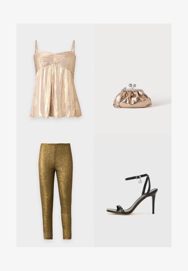 Glanzende gouden mouwloze top met gerimpelde buste, dunne schouderbandjes en een los, vloeiend model onder de borst.; Gouden metallic legging met een getextureerd, verticaal streep patroon. De stof heeft een glanzende afwerking en een slanke, aansluitende pasvorm.; Zwarte sandaal met hoge hak, smalle enkelband, vierkante neus, soepel leermateriaal en metalen gespsluiting.; Kleine gouden metallic clutch met zilveren sluiting en kettingriem op een effen lichte achtergrond.