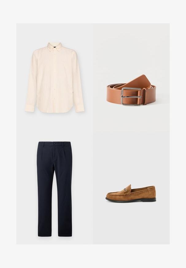 Chemise beige à manches longues boutonnée avec des rayures verticales subtiles et un col classique, présentée sur un fond clair uni.; Pantalon bleu marine en tissu mélangé coton, avec un design à devant plat, deux poches latérales et des plis subtils.; Mocassin pour homme en daim marron avec détail tressé sur le dessus et semelle noire, présenté de profil sur un fond uni gris clair.; Ceinture en cuir marron clair enroulée avec une boucle métallique rectangulaire argentée brillante sur fond blanc.