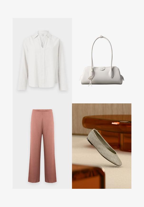 Chemise blanche à manches longues avec une fente en V et un col, affichée à plat sur un fond blanc uni.; Pantalon en maille côtelée à jambes larges couleur rose poudré avec une taille élastique et de fines rayures verticales, présenté sur un fond uni.; Ballerine beige à motif géométrique flottant au-dessus d'un tapis clair dans une pièce moderne avec des meubles aux tons ambrés.; Sac à bandoulière blanc Calvin Klein avec longues poignées, forme rectangulaire, fermeture éclair et charm logo décoratif suspendu près de la poignée.