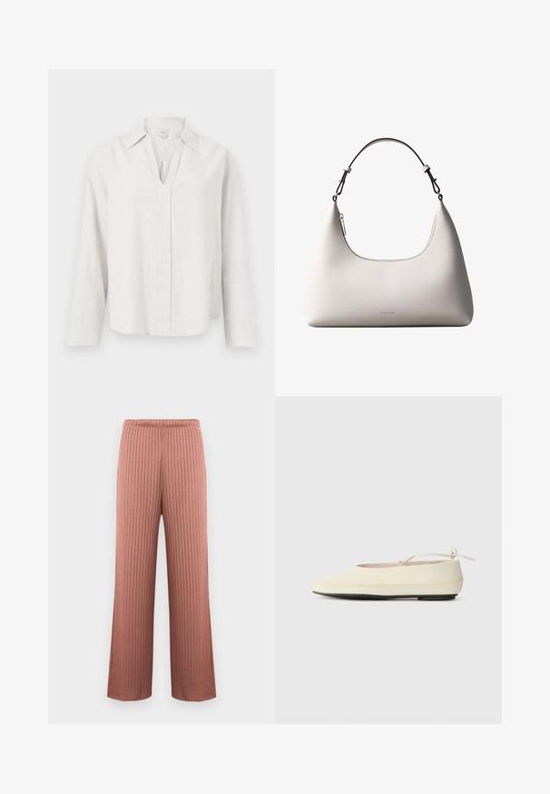 Chemise blanche à manches longues avec une fente en V et un col, affichée à plat sur un fond blanc uni.; Pantalon en maille côtelée à jambes larges couleur rose poudré avec une taille élastique et de fines rayures verticales, présenté sur un fond uni.; Des chaussures plates de couleur crème avec un bout arrondi, une sangle à la cheville et une semelle en caoutchouc noir contrastante. Matériau lisse avec un detailing minimal.; Sac à bandoulière en cuir couleur crème de Calvin Klein avec bord supérieur incurvé, fermeture éclair argentée et sangle ajustable brun foncé.