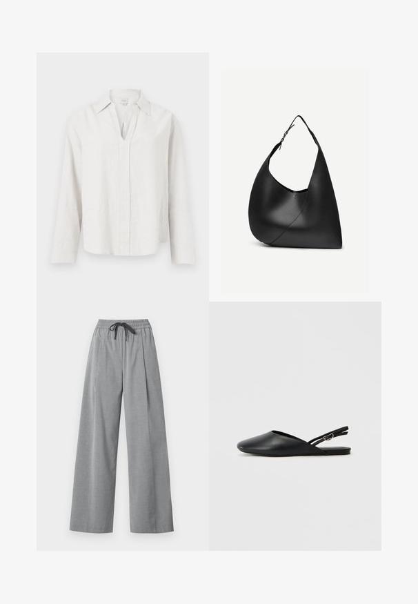 Chemise blanche à manches longues avec une fente en V et un col, affichée à plat sur un fond blanc uni.; Pantalon gris clair à jambes larges avec taille élastique et cordon noir, fabriqué en tissu lisse, présenté sur fond blanc.; Chaussures slingback en cuir noir avec un bout pointu, un design incurvé et une sangle réglable à boucle. Texture lisse, semelle plate, détails minimaux.; Sac à épaule en cuir noir avec forme triangulaire incurvée, une seule sangle ajustable, et une couture diagonale visible à l'avant.