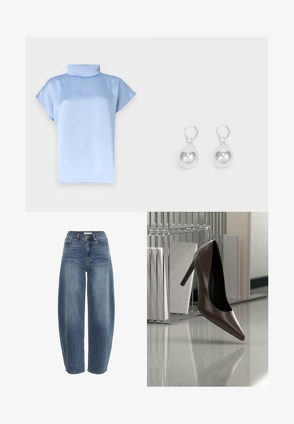 Hellblaue Satinbluse mit kurzen Ärmeln, hohem Stehkragen und lockerem Schnitt.; Hoch taillierte, locker sitzende blaue Jeans aus Denim, mit Knopfverschluss, fünf Taschen und dezenter Ausbleichung des Stoffes.; Dunkelbrauner, hochhackiger Lederschuh, der über einem reflektierenden Boden in der Nähe eines Metallgestells mit weißen Paneelen in einem Raum schwebt.; Silberne Tropfenohrringe mit glatten, runden, reflektierenden Oberflächen, die an Hakenverschlüssen hängen. Der Hintergrund ist reinweiß.