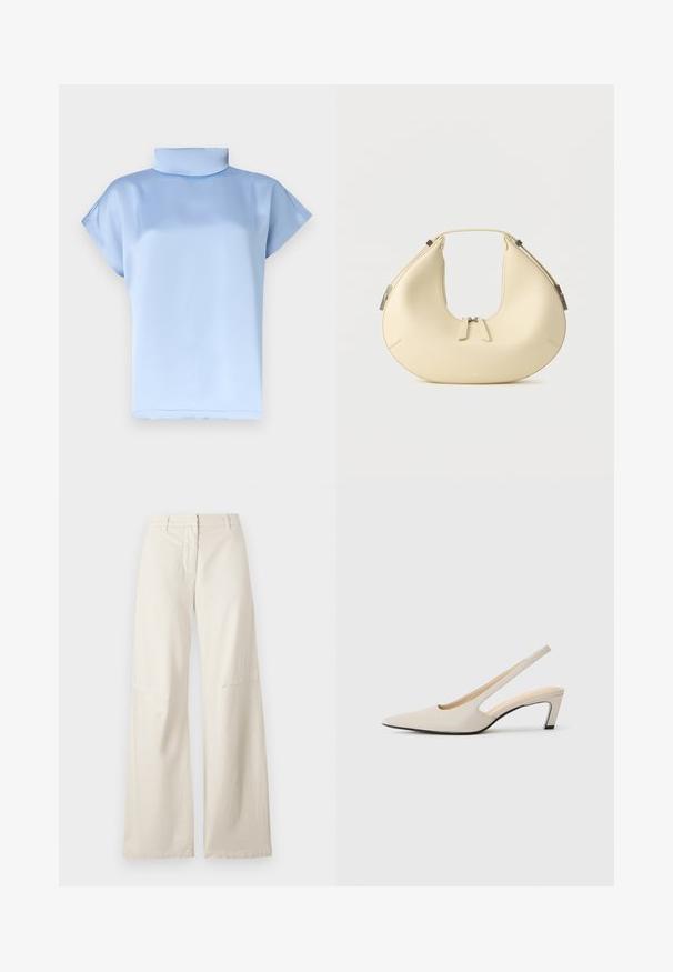 Blouse en satin bleu clair à manches courtes, col cheminée haut et coupe ample.; Pantalons larges en tissu coton crème. Présente une taille haute, un design structuré et des détails de couture minimalistes. Devant plat avec poches.; Escarpins beige à bride arrière avec un bout pointu, côtés ouverts et petit talon bloc. Texture en cuir lisse et design minimaliste.; Sac à main beige en forme de croissant avec fermeture à double fermeture éclair et poignée courte, avec des détails en métal argenté sur les côtés.