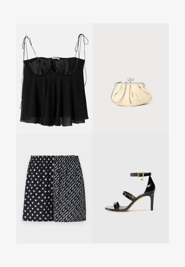 Haut noir en satin et tissu transparent, doté d'une poitrine structurée aux bords arrondis, de liens ajustables et d'un ourlet évasé.; Short noir à taille élastique avec deux motifs : étoiles blanches à gauche et lignes blanches en zigzag à droite.; Sandale en cuir verni noir avec trois brides, boucle de cheville et talon aiguille de 10 cm. Présente un détail en métal doré et un charm logo.; Pochette en cuir beige plissé avec un cadre en métal argenté, dotée de deux fermoirs ronds décoratifs et d'une chaîne en argent.