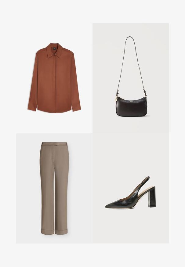 Chemise marron à manches longues avec col et boutons avant cachés, posée à plat sur fond blanc.; Pantalon habillé taupe à jambe droite avec passants pour ceinture, pli sur le devant et larges revers à l'ourlet, présenté sur fond blanc uni.; Chaussure slingback en cuir noir à bout pointu avec un talon bloc haut et une doublure intérieure beige sur un fond clair uni.; Sac à épaule en cuir noir avec fermeture éclair dorée, logo "BOSS" doré et bandoulière réglable sur fond clair uni.