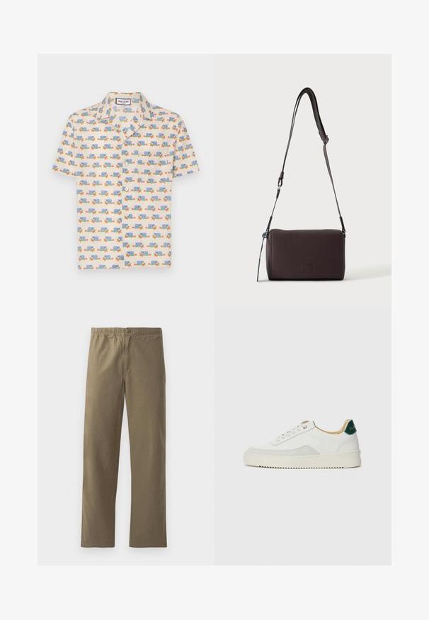 Camisa de manga corta de tela crema clara con un estampado divertido de caracoles azules y flores rojas. Presenta un collar y botones blancos.; Pantalones caqui hechos de tela ligera. Presentan una cinturilla elástica, un cierre de botón, piernas rectas y una textura suave.; Zapatilla blanca con acentos de ante, puntera redondeada, cordones planos y suela de goma color crema. Presenta un logo verde en el talón.; Bolso bandolera de cuero marrón oscuro con textura, correa ajustable y pequeño adorno decorativo azul en el lateral.