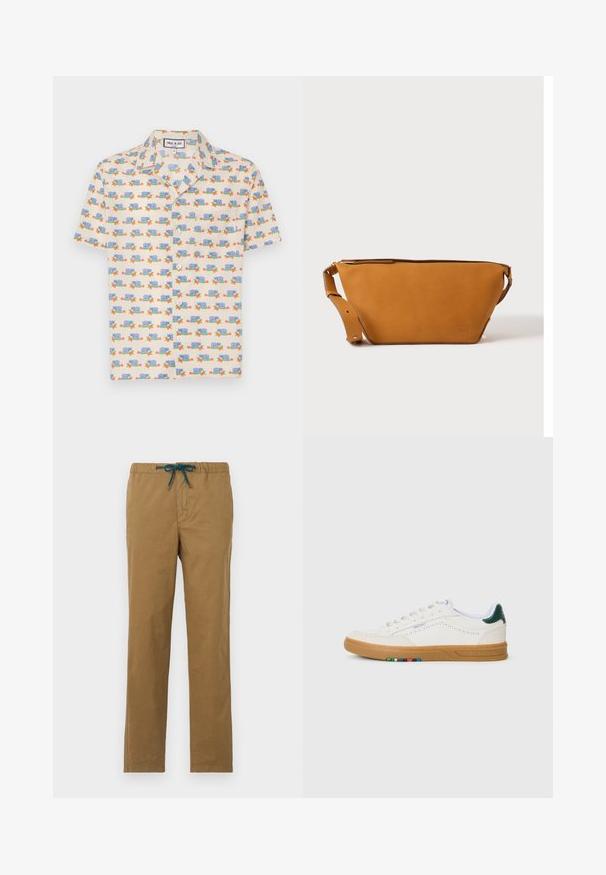 Chemise à manches courtes en tissu crème clair avec un imprimé ludique d'escargots bleus et de fleurs rouges. Dispose d'un col et de boutons blancs.; Pantalon en coton marron avec cordon de serrage à la taille en teal. Le design présente des jambes droites sans poches visibles ni embellissements.; Baskets en cuir blanc avec design perforé, semelle en caoutchouc translucide, accent de talon vert et détail à rayures colorées sur le côté.; Sac bandoulière en cuir marron clair avec sangle réglable et fermeture éclair, présenté sur un fond clair uni.