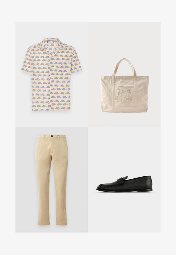 Korte mouwen shirt van lichtcrème stof met een speelse print van blauwe slakken en rode bloemen. Voorzien van een kraag en witte knopen.; Beige katoenen chinos met een rechte pijp, voorzien van een voorknopsluiting en subtiele stiksels. Gladde textuur en geen patronen.; Zwarte leren loafer met lage hak en een banddetail over de bovenzijde, weergegeven in zijprofiel op een lichte achtergrond.; Beige canvas tas met dubbele handvatten en een reliëf ontwerp van een wolfskop op het voorvak.