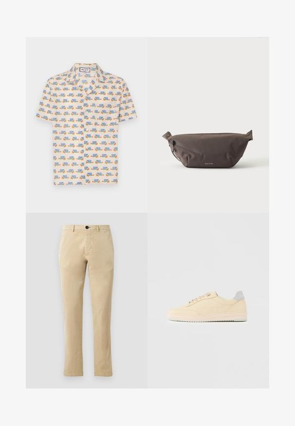 Kortærmet skjorte i lysecreme stof med et legende print af blå snegle og røde blomster. Har krave og hvide knapper.; Beige bomulds chinos med lige ben, der har en front knaplukning og diskrete syninger. Glat tekstur og uden mønstre.; Beige lavtop sneaker med snørelukning foran, lyserød sål og grå hællap med mærket "Filling Pieces", vist i profil på ensfarvet baggrund.; Mørkebrun stof talje taske med diagonalt lynlåslomme og lille hvidt logo på fronten, sat mod en ensfarvet lys baggrund.