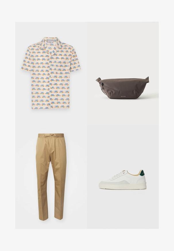Kurzarmhemd aus hellem Creme-Stoff mit einem verspielten Druck von blauen Schnecken und roten Blumen. Verfügt über einen Kragen und weiße Knöpfe.; Beige Hose mit elastischem Taillengummi und verstellbarem Kordelzug. Glatte Textur, gerade Beine und minimalistisches Design.; Weiße Sneaker mit Wildlederelementen, runder Zehenpartie, flachen Schnürsenkeln und einer cremefarbenen Gummisohle. Mit grünen Markenlogo am Fersenbereich.; Dunkelbraune Stoff-Gürteltasche mit diagonalem Reißverschlussfach und kleinem weißen Logo vorne, vor einem einfarbigen hellen Hintergrund.