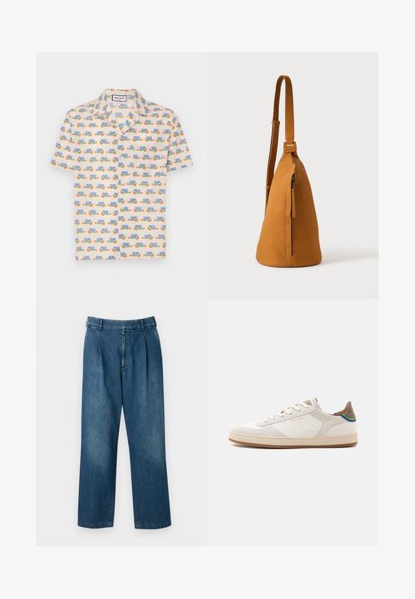 Kortærmet skjorte i lysecreme stof med et legende print af blå snegle og røde blomster. Har krave og hvide knapper.; Blå denimbukser med lige ben, der har en høj talje, frontfolder og en klassisk knaplukning. Glat tekstur.; Hvid lavtop sneakers med beige sål, snørelukning foran, grøn og blå detalje på hælen og subtilt guld "Paul Smith" logo på siden.; Tan læder crossbodytaske med justerbar rem og lodret lynlåslomme, vist fra siden mod en ensfarvet lys baggrund.
