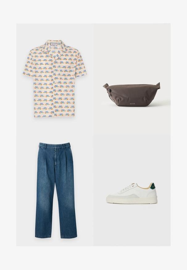 Korte mouwen shirt van lichtcrème stof met een speelse print van blauwe slakken en rode bloemen. Voorzien van een kraag en witte knopen.; Blauwe denim broek met een rechte pijp, voorzien van een hoge taille, plooien aan de voorkant en een klassieke knoopsluiting. Gladde textuur.; Witte sneaker met suède accenten, ronde neus, platte veters en een crème rubberen zool. Bevat groene branding op de hiel.; Donkerbruine stoffen heuptas met diagonale ritssluiting en klein wit logo aan de voorkant, tegen een effen lichte achtergrond.