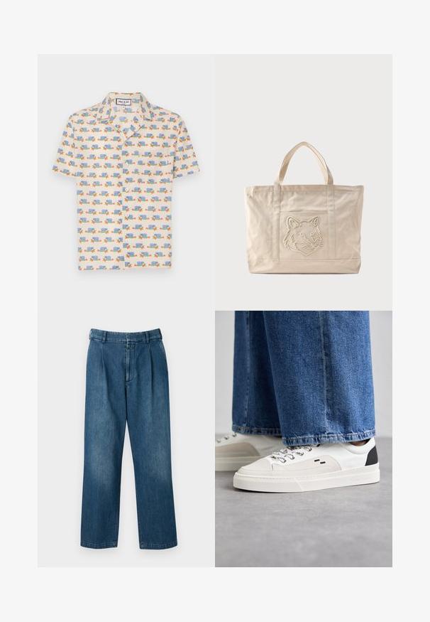 Chemise à manches courtes en tissu crème clair avec un imprimé ludique d'escargots bleus et de fleurs rouges. Dispose d'un col et de boutons blancs.; Pantalons en denim bleu avec un design à jambes droites, dotés d'une taille haute, de plis à l'avant et d'une fermeture à bouton classique. Texture lisse.; Baskets blanches et noires avec une tige en cuir lisse, des accents texturés et une semelle épaisse blanche. Présentent un design classique à lacets.; Sac fourre-tout en toile beige avec doubles anses et un motif en relief de tête de loup sur la poche avant.
