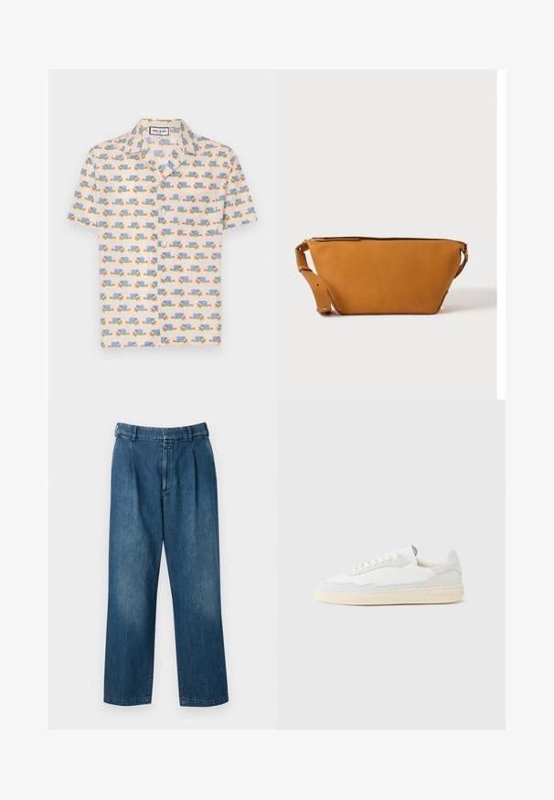 Korte mouwen shirt van lichtcrème stof met een speelse print van blauwe slakken en rode bloemen. Voorzien van een kraag en witte knopen.; Blauwe denim broek met een rechte pijp, voorzien van een hoge taille, plooien aan de voorkant en een klassieke knoopsluiting. Gladde textuur.; Witte sneaker met een bovenwerk van gestructureerd suède en leer. Voorzien van een afgeronde neus, vetersluiting en een contrasterende beige rubberen zool.; Lichtbruine leren crossbodytas met verstelbare band en ritssluiting, getoond tegen een effen lichte achtergrond.