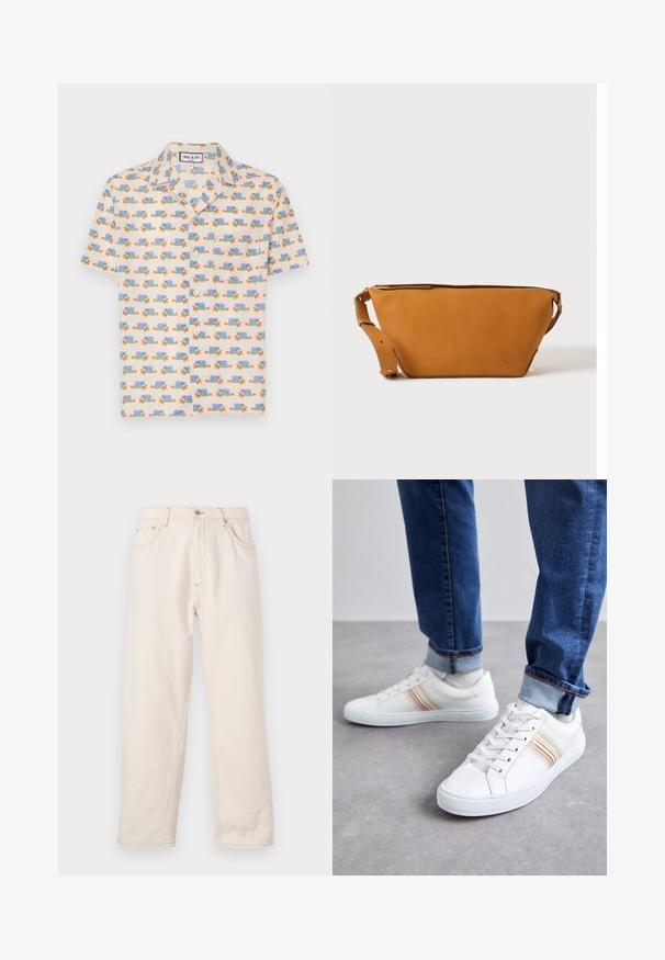 Chemise à manches courtes en tissu crème clair avec un imprimé ludique d'escargots bleus et de fleurs rouges. Dispose d'un col et de boutons blancs.; Jean droit beige en denim, avec une fermeture à boutons, cinq poches et des détails de couture visibles. Texture lisse.; Baskets en cuir blanc avec des rayures multicolores, design à lacets, semelle en caoutchouc et col rembourré, associées à un jean en denim bleu.; Sac bandoulière en cuir marron clair avec sangle réglable et fermeture éclair, présenté sur un fond clair uni.