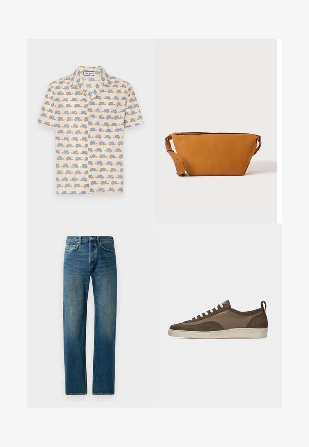 Kortærmet skjorte i lysecreme stof med et legende print af blå snegle og røde blomster. Har krave og hvide knapper.; Blå denim jeans med lige ben, der har en fem-lomme stil, subtil falming og kontrastsyet detaljer.; Lavprofileret brun sneaker med hvide snørebånd, beige sål, stof og ruskindsoverdel, side pull-tab og "Tiger of Sweden" logo i guldtekst.; Lys brun læder crossbody taske med justerbar rem og lynlås, vist mod en ensartet lys baggrund.
