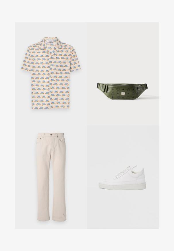 Kortærmet skjorte i lysecreme stof med et legende print af blå snegle og røde blomster. Har krave og hvide knapper.; Beige denim jeans med lige skæring, der har fem lommer, en knaplukning og diskrete syningss detaljer ved sømmene.; Hvid lædersneaker med rundet tå, flad sål og snørebånd foran. Har syningsdetaljer og polstret krave for komfort.; Olivengrøn tekstureret læder talletaske med sorte logoer, sølv lynlås, dobbelt lynlåstræk og central sølv brandplade.