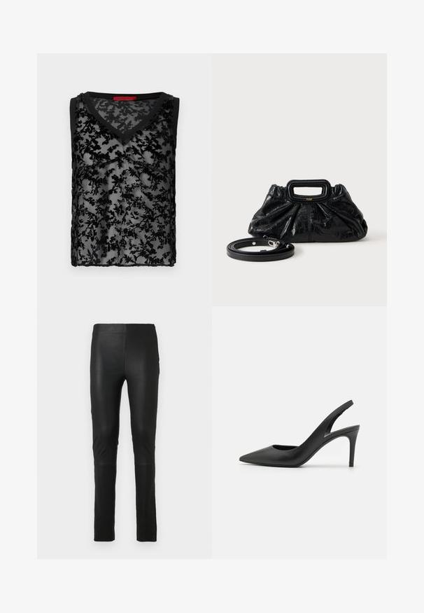 Haut noir sans manches avec un overlay en dentelle florale transparente, design en V, et bord noir le long de l'encolure et des emmanchures.; Leggings noirs en tissu lisse et extensible. Design ajusté avec une texture douce. Présente des détails de couture au niveau des genoux.; Escarpins à talon aiguille en cuir noir, avec un design à bout pointu, présentant une découpure à l'avant et un talon fin.; Petit sac à main en cuir noir avec texture froncée, poignée rectangulaire et fine bandoulière amovible placée à côté.