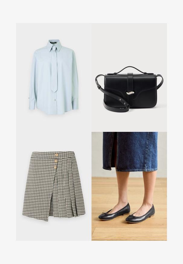 Chemise à manches longues bleu clair avec un col pointu et une cravate assortie. Fabriquée en tissu lisse, elle possède une fermeture à boutons et des accents aux poignets.; Jupe à carreaux noire et blanche avec trois boutons dorés, présentant un design plissé et une fente à l'avant. Texture de tissu doux.; Ballerines en cuir noir avec un bout arrondi, un petit nœud décoratif et un petit talon en bois, portées avec une jupe en denim.; Sac bandoulière en cuir noir avec poignée supérieure, fermeture argentée et bandoulière ajustable sur fond blanc.