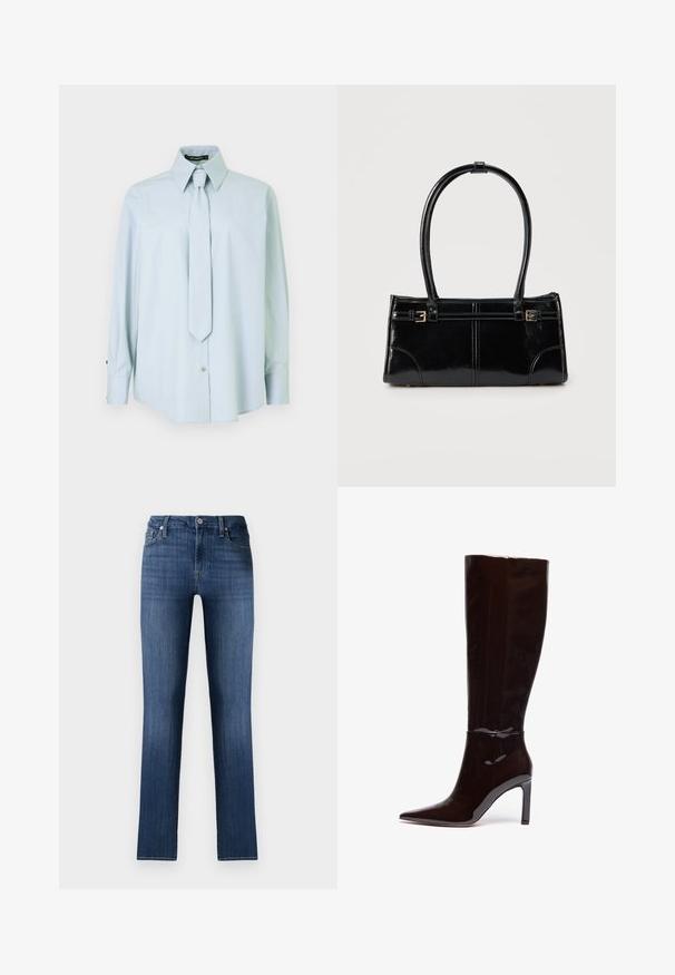 Lyseblå skjorte med lange ærmer, spidse krave og matchende slips. Fremstillet af glat stof, med knaplukning og manchetter i kontrast.; Mørkeblå denimjeans med lige pasform, klassisk fem-lomme design, frontknaplukning og subtilt slid, der giver en brugt effekt.; Knehøje sorte patentlæderstøvler med spids tå og stiletthæl, der har en glat, blank overflade og et strømlinet design.; Glansfuld sort rektangulær håndtaske med to tynde skulderremme og små guldbeslag foran.