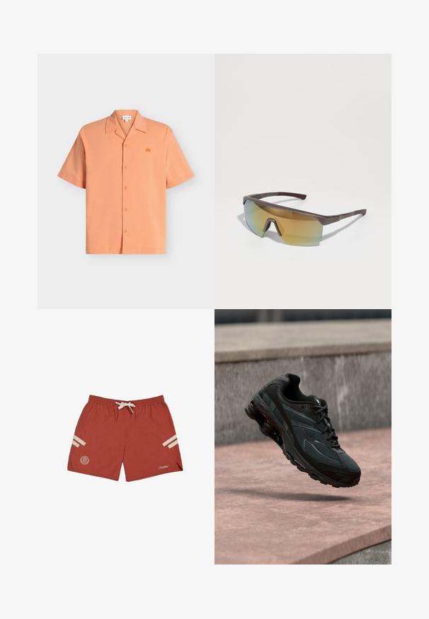 Chemise à manches courtes boutonnée en orange clair avec un petit logo crocodile brodé sur la poitrine gauche, présentée sur fond blanc.; PROHIBITED Short - red cream; Baskets athlétiques noires avec une semelle intercalaire à coussin d’air visible flottant au-dessus d’une surface en pierre rose avec un mur en pierre gris en arrière-plan.; Lunettes de sport avec une monture rectangulaire brune slim et des verres dégradés jaune-bleu, dotées d'un pont nasal prononcé et de repose-tempes texturés.
