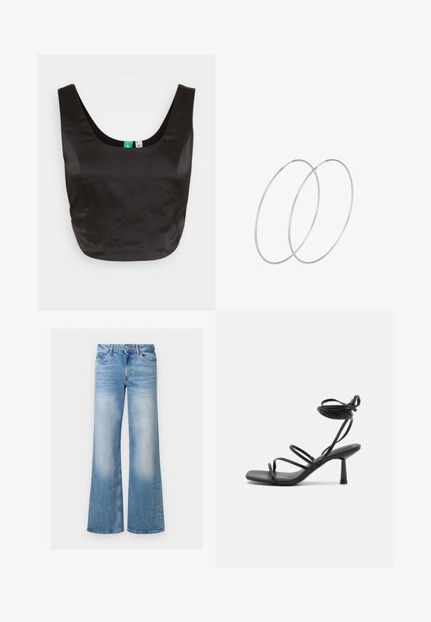 SOMETHINGNEW SNROSALIND CORSAGE - Blusa - black; Jeans de mezclilla azul claro acampanados con una textura desteñida, cintura alta y diseño de cinco bolsillos, con cierre de botón y cremallera.; Sandalia negra de tiras con punta cuadrada, lazos ajustables en el tobillo y un tacón bloque delgado. Fabricada con un material suave y duradero.; Pendientes de aro plateados con un diseño minimalista. Forma circular, textura suave y perfil delgado. Livianos con un acabado pulido.