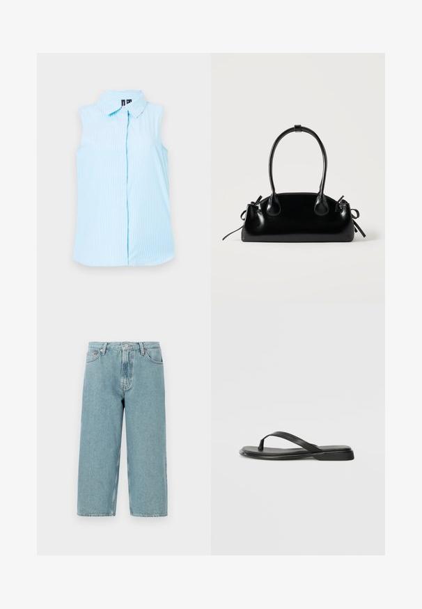 Lyseblå ærmeløs skjorte med krave, lodrette hvide striber og en enkelt knaplukning foran.; Lyseblå denimshorts med høj talje, lige snit og rå kant. Har en klassisk knap- og lynlåslukning samt fire lommer.; Sorte flip-flops lavet af glat læder, med et tyndt remdesign og en flad sål med et minimalt profil. Ingen bemærkelsesværdige mønstre eller accenter.; Lille sort blank håndtaske med to lange håndtag og snøre-detaljer i siden på en ensfarvet lys baggrund.