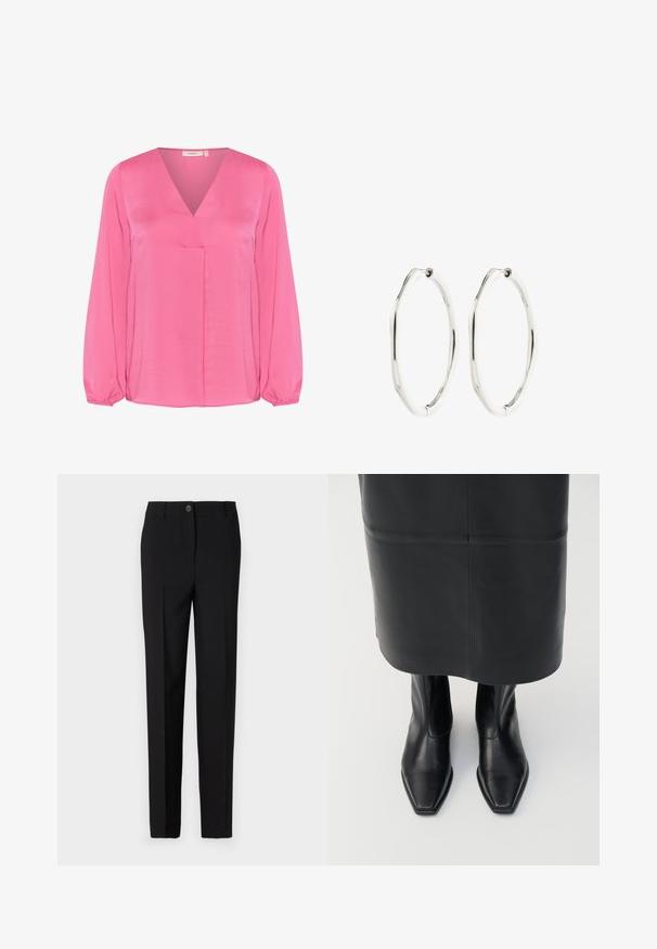 Blusa rosa hecha de una tela suave, con escote en V, mangas largas con puños elásticos y un detalle de pliegue central.; Pantalones negros ajustados con un diseño de pierna recta, con cierre de botón y trabillas para cinturón, fabricados con tela suave.; Botas altas de cuero negro con diseño de punta cuadrada y cremallera lateral. Textura suave y hardware minimalista; combinadas con una falda de cuero negro.; Par de pendientes de aro ovalados en tono plateado con una forma ligeramente irregular y ondulada, con cierres de bisagra sobre un fondo blanco.