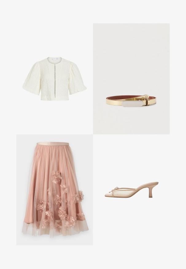 Blouse courte blanche en dentelle avec manches bouffantes courtes et col rond, comportant un motif floral subtil et un devant ouvert.; Jupe en tulle rose pâle avec une ceinture en satin. Comprend plusieurs couches de tissu transparent et des appliqués floraux en trois dimensions sur toute la surface.; Mule beige à bout ouvert avec côtés en mesh transparent, petit talon kitten bas et un petit nœud sur la bride avant.; Ceinture métallique dorée avec une fine bande en cuir brun et une boucle en argent lisse et ovale. Présente un design minimaliste et une texture élégante.