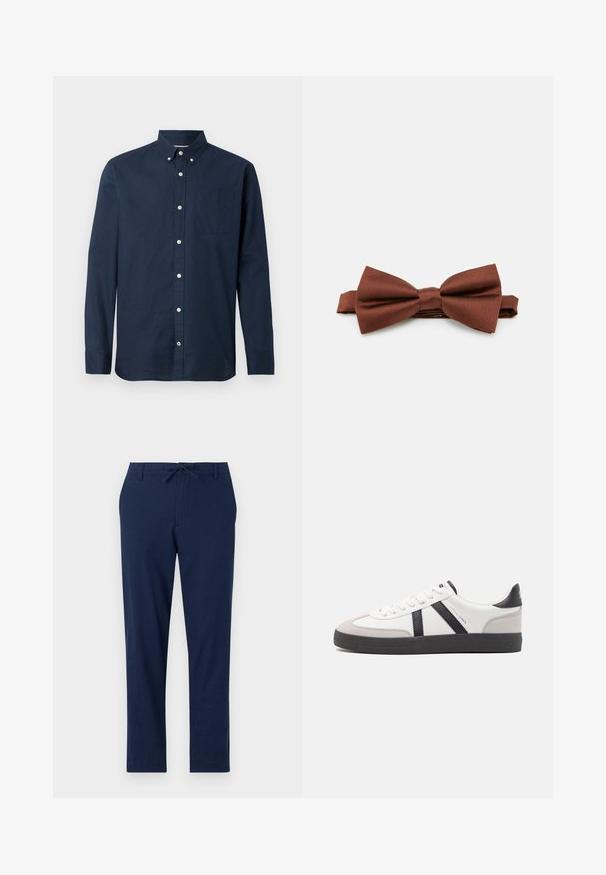 Camisa de manga larga de color azul marino hecha de una tela ligera, con cuello de camisa, bolsillo frontal y botones blancos. Textura suave.; Pantalones azul marino de material ligero con cintura ajustable y perneras estrechas, que cuentan con bolsillos delanteros y traseros.; Zapatilla blanca con acentos en negro y gris, que presenta una puntera texturizada en gris, suela de goma negra y cordones planos blancos. Diseño limpio, estilo minimalista.; Pajarita de satén marrón con una textura suave, que presenta un nudo central y una correa ajustable, adecuada para ocasiones formales.