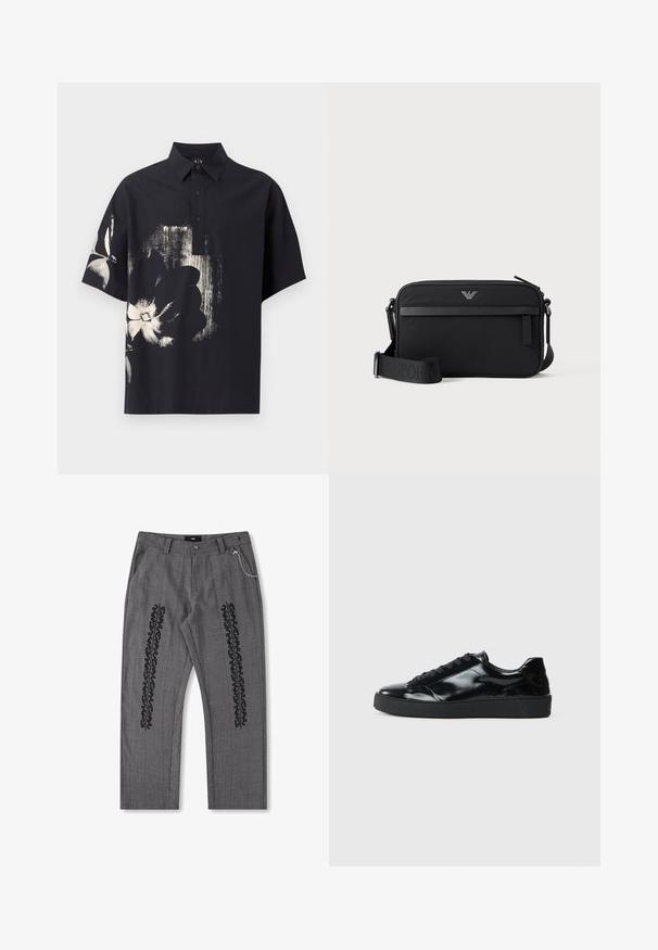 Polo noir à manches courtes avec col et trois boutons, arborant un grand motif floral abstrait blanc et gris sur le devant et la manche gauche.; Pantalons à carreaux gris avec des détails en texte noir sur les côtés, présentant un accent de chaîne sur la taille. Conception à jambe droite, tissu texturé.; Baskets en cuir verni noir avec un bout arrondi, un laçage, une semelle en caoutchouc texturé et une finition lisse.; Sac bandoulière rectangulaire noir avec poche avant zippée, sangle réglable et petit logo métallique en haut au centre.