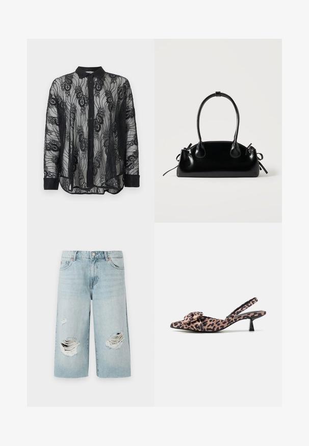 Sort langærmet skjorte med knapper, dekorativt blomstermønster i blonder og ensfarvet krave og manchetter, halvgennemsigtigt stof, vist på ensfarvet baggrund.; Lyseblå denimshorts med løs pasform, der har to store slidte huller foran. Fem lommer og en synlig metalknaplukning.; Spidse slingback hæle i leopardprintet stof med en bue-accent, der har en lav sort hæl og glat tekstur.; Lille sort blank håndtaske med to lange håndtag og snøre-detaljer i siden på en ensfarvet lys baggrund.