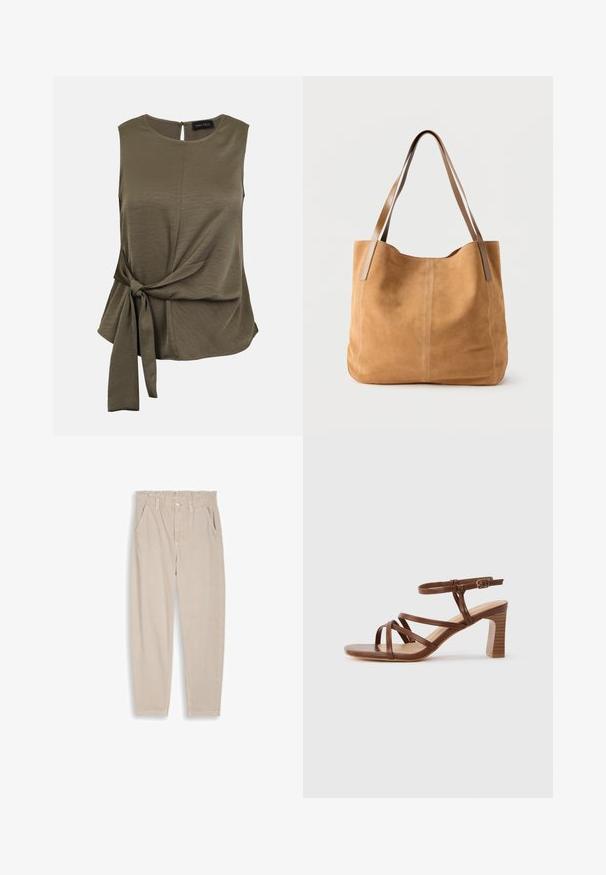 Blouse sans manches vert olive avec col rond et détail noué sur le côté, tissu légèrement texturé, fermeture par bouton avec ouverture en forme de goutte à l'encolure arrière.; Pantalon beige à jambes droites avec taille élastique, passants pour ceinture, fermeture par bouton et poches avant, présenté sur un fond uni.; Sandale en cuir marron à lanières avec un talon bloc et une boucle de cheville réglable sur un fond clair uni.; Sac fourre-tout en daim beige avec de longues anses en cuir marron clair, texture douce et couture simple sur un fond blanc uni.