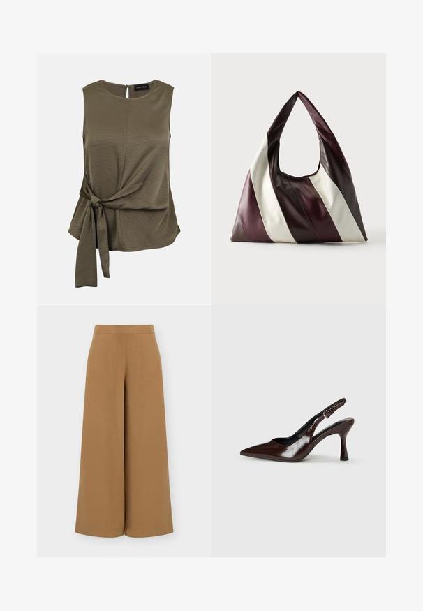 Blouse sans manches vert olive avec col rond et détail noué sur le côté, tissu légèrement texturé, fermeture par bouton avec ouverture en forme de goutte à l'encolure arrière.; Pantalon court taille haute, coupe large, couleur camel avec un devant plat et une ceinture lisse, présenté sur fond blanc.; Talons slingback en cuir verni brun avec un bout pointu, un talon fin, et une sangle réglable avec une petite boucle.; Grand sac à main triangulaire en cuir avec de larges rayures diagonales marron foncé, bordeaux et crème sur un fond uni.