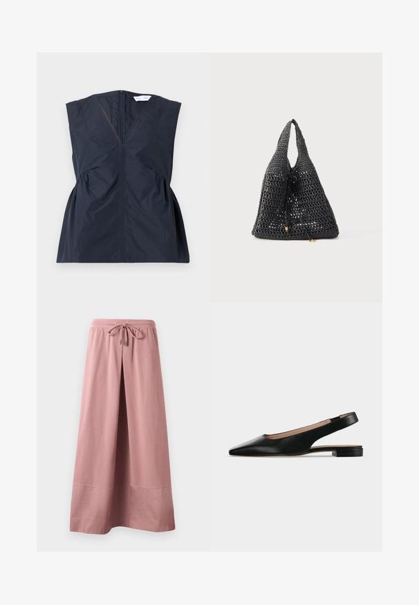 Top sin mangas de color marino con escote en V, cremallera frontal y detalles fruncidos en los laterales. Confeccionado en una tela ligera y suave con un brillo sutil.; Pantalones de pierna ancha en rosa empolvado con cintura elástica y cordón delantero, elaborados con tela suave y detalle de dobladillo ancho.; Zapato plano de cuero negro con tira trasera, puntera puntiaguda y tacón cuadrado bajo sobre fondo blanco.; Bolso negro tejido con una textura abierta tipo malla. Cierre ajustable con cordón y dos asas. Diseño sencillo sin adornos adicionales.
