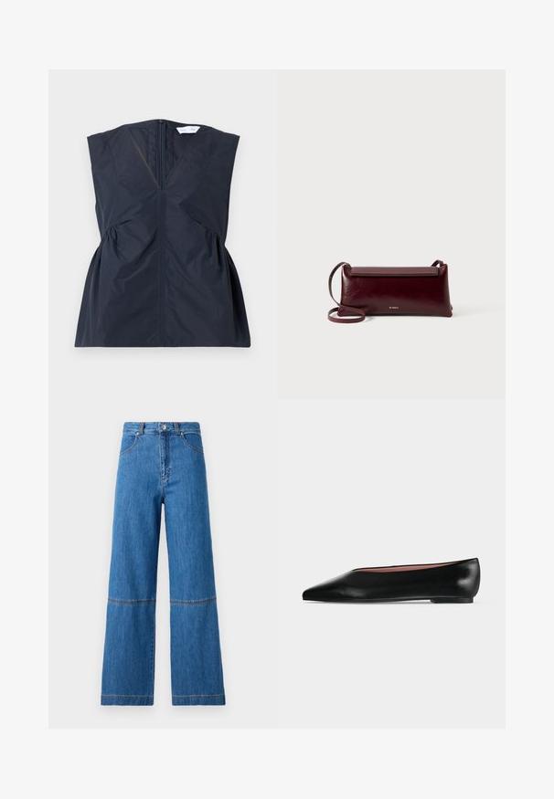 Marineblå ærmeløs top med V-udskæring, frontlynlås og samlede sidelister. Fremstillet af letvægts, glat stof med en subtil glans.; Bredde ben jeans i blå denim med høj talje, der har dobbelt stikning ved knæene og en tekstureret stofoverflade.; Sort damesko i læder med flad hæl og spids tå, vist fra siden på en ensfarvet lys grå baggrund.; Bordeaux læder crossbody taske med en glat tekstur, rektangulær form, flaplukning og en tynd justerbar rem. Guldlogo detalje synlig.