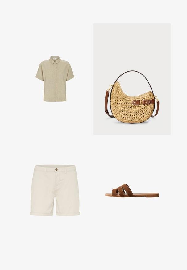 Beige linnen overhemd met korte mouwen, verborgen knoopsluiting en klassieke kraag, ontworpen voor een ontspannen pasvorm.; Lichtbeige katoenen shorts met een knoopsluiting, opgevouwen mouwen en zijzakken. Gladde textuur en op maat gemaakt ontwerp voor comfort.; Bruine suède slippersandaal met drie overlappende bandjes, een platte zool en contrasterende witte stiksels op de bandjes voor detail.; Geweven stro hobo tas met een gebogen vorm, een bruine leren schouderriem met een gesp en een natuurlijke tan kleur. Gelaagde oppervlakte met zichtbare stiksels.